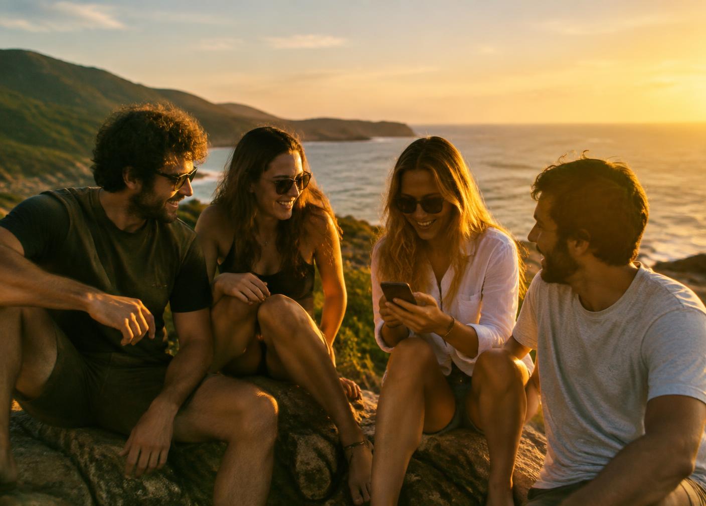 Amigos em viagem pelo litoral usando o app da Missão