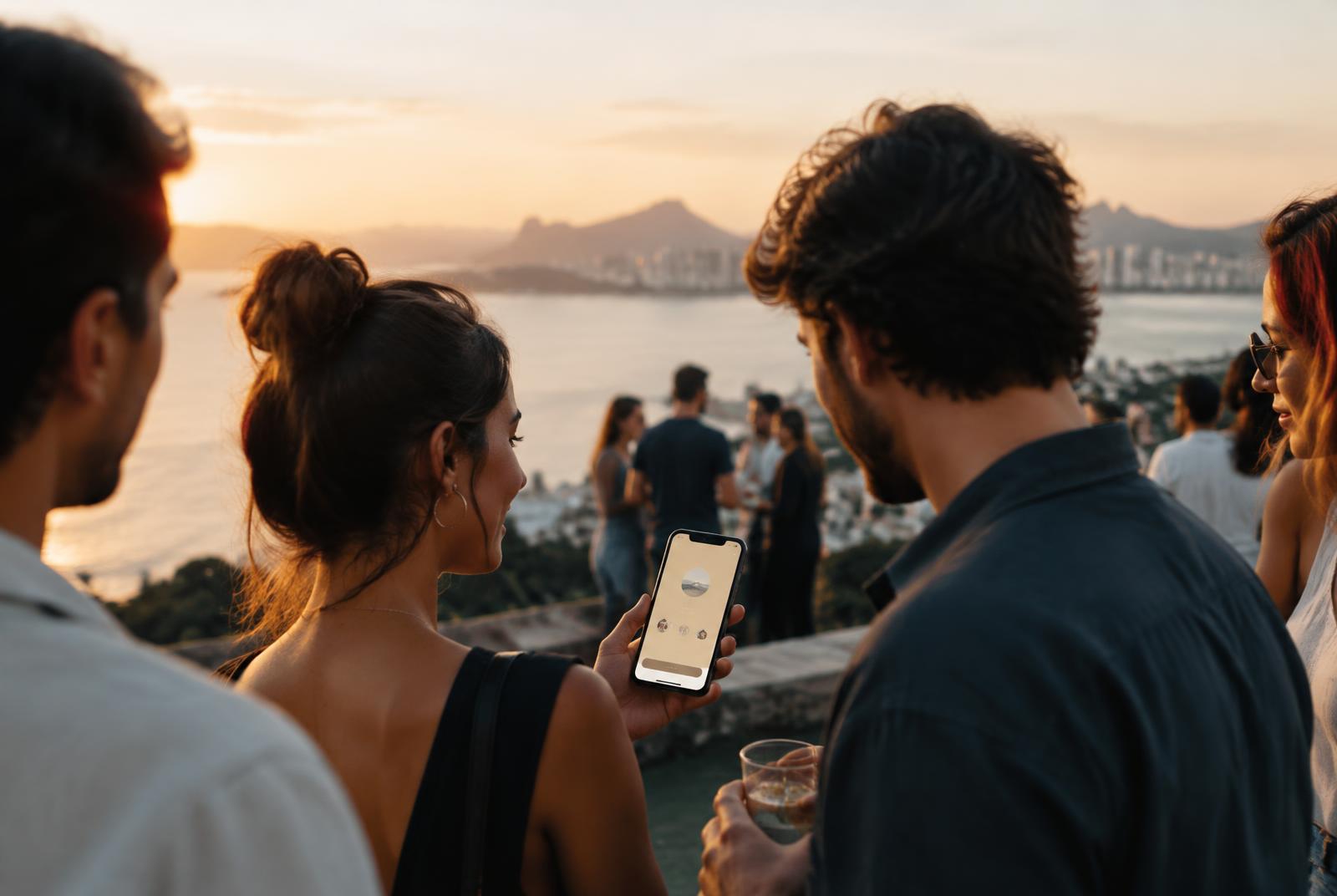 Pessoas usando uma experiência digital durante um evento ao pôr do sol
