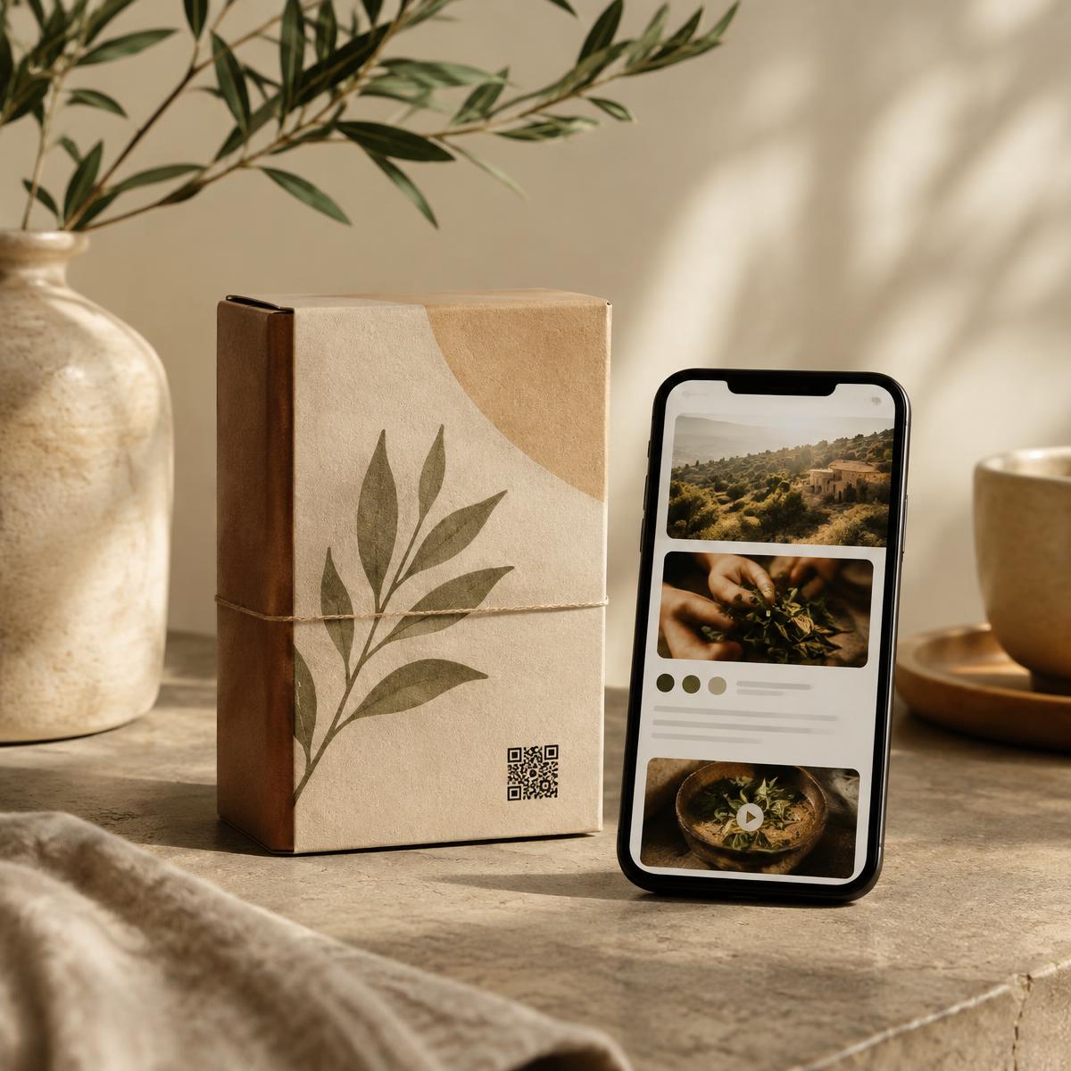 Embalagem com QR Code ao lado de um celular com a história do produto
